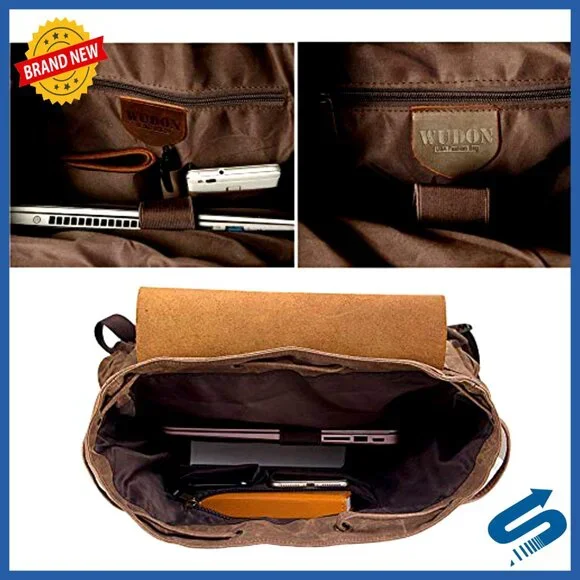 Leather Backpack Waxed Canvas Rucksack Travel Daypack Durable Heavy Duty